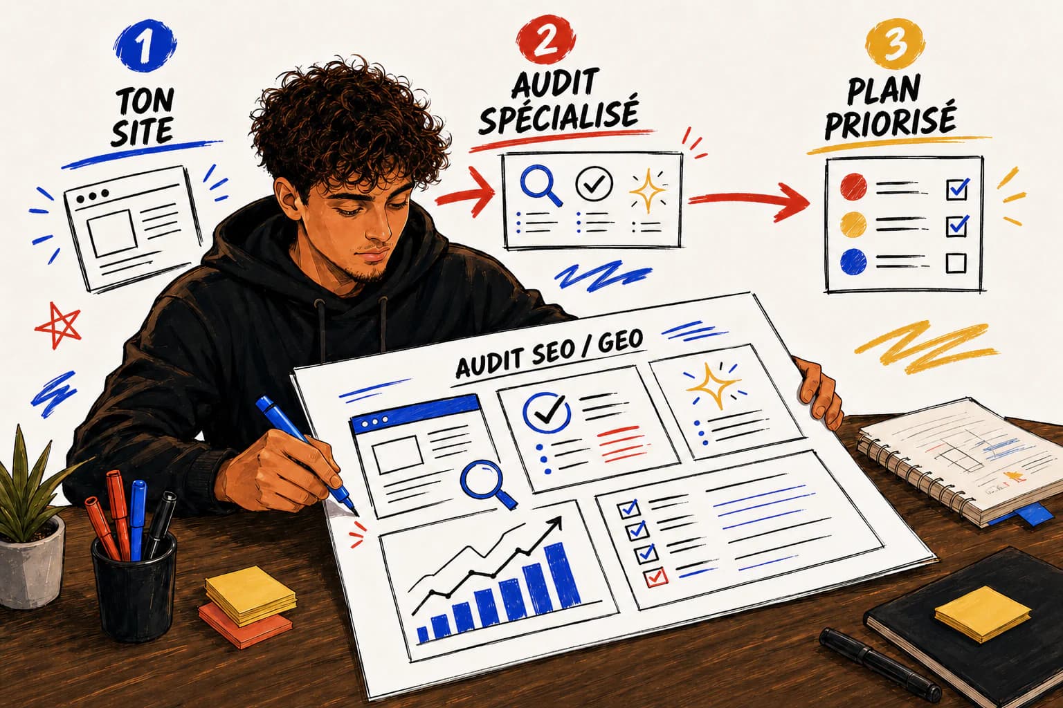 Illustration de Roso analysant un site avec une escouade d'agents IA SEO et GEO