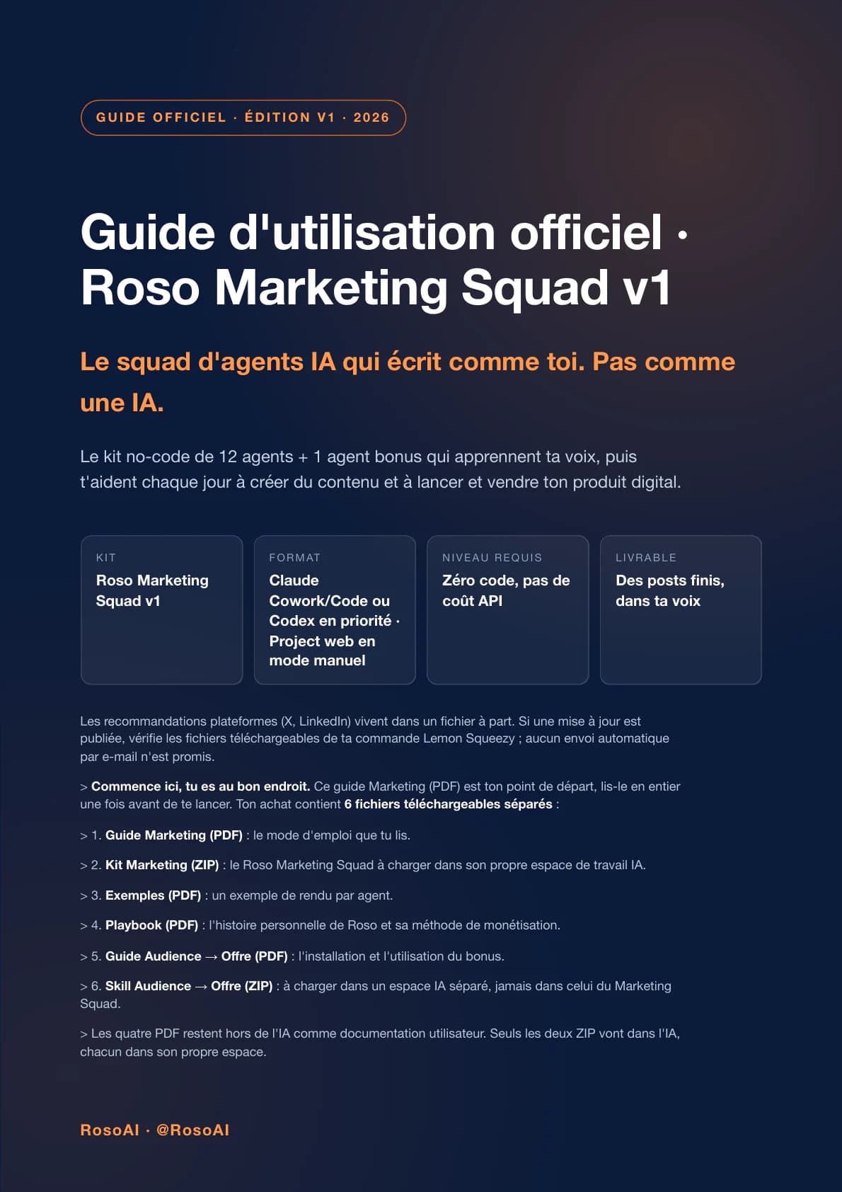 Première page du guide officiel Roso Marketing Squad